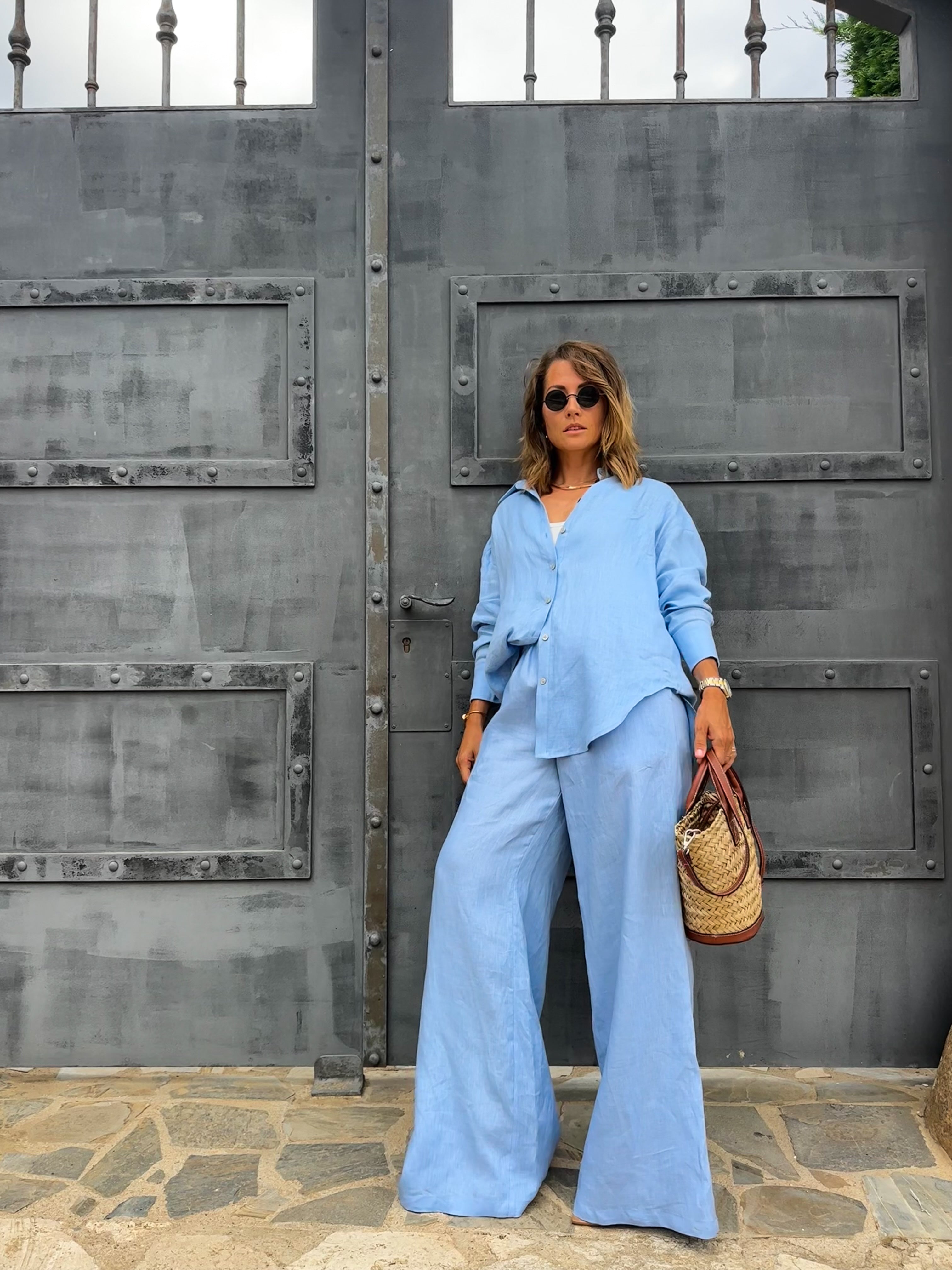 100% linen blue trousers