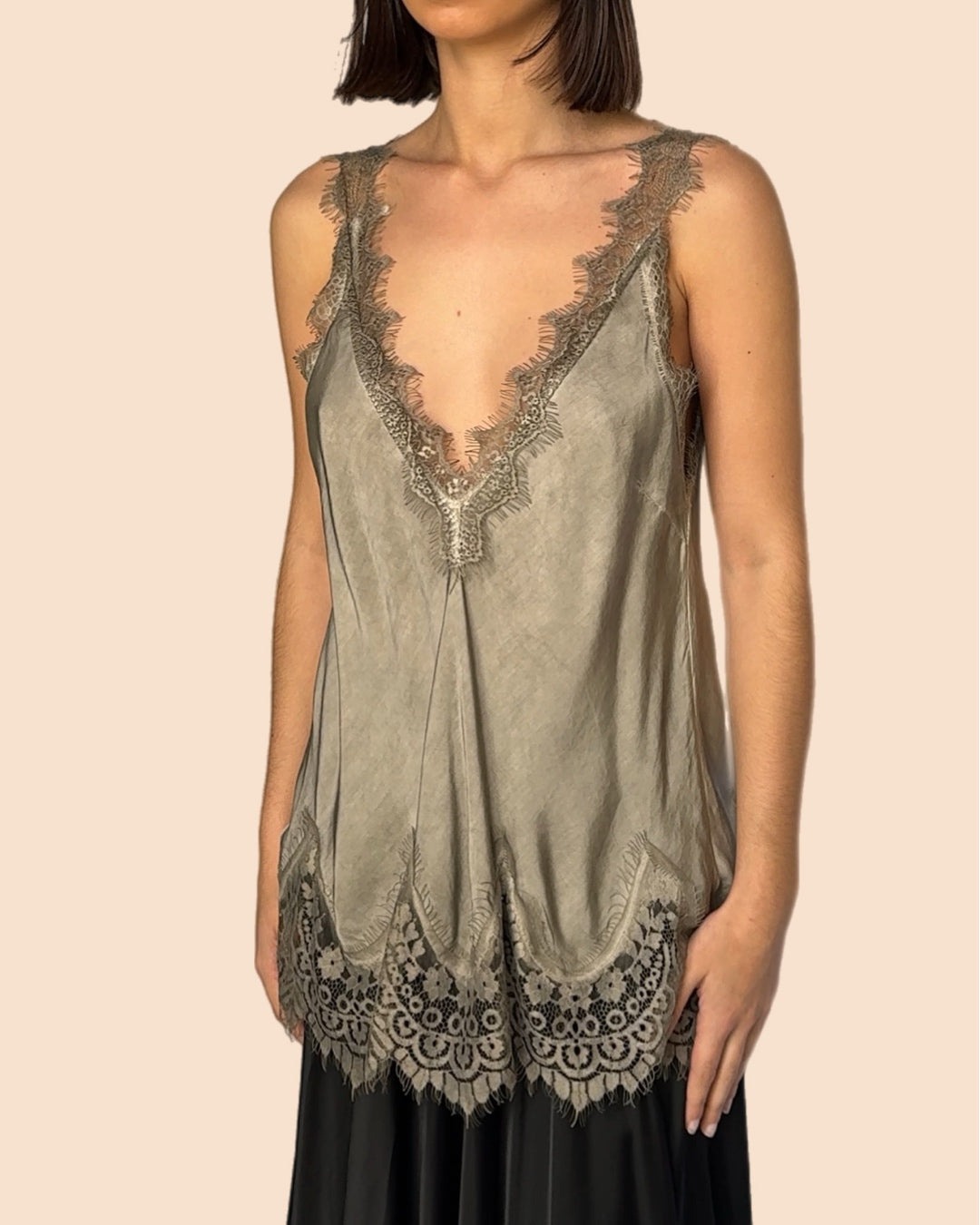 Lace-trimmed grey camisole top