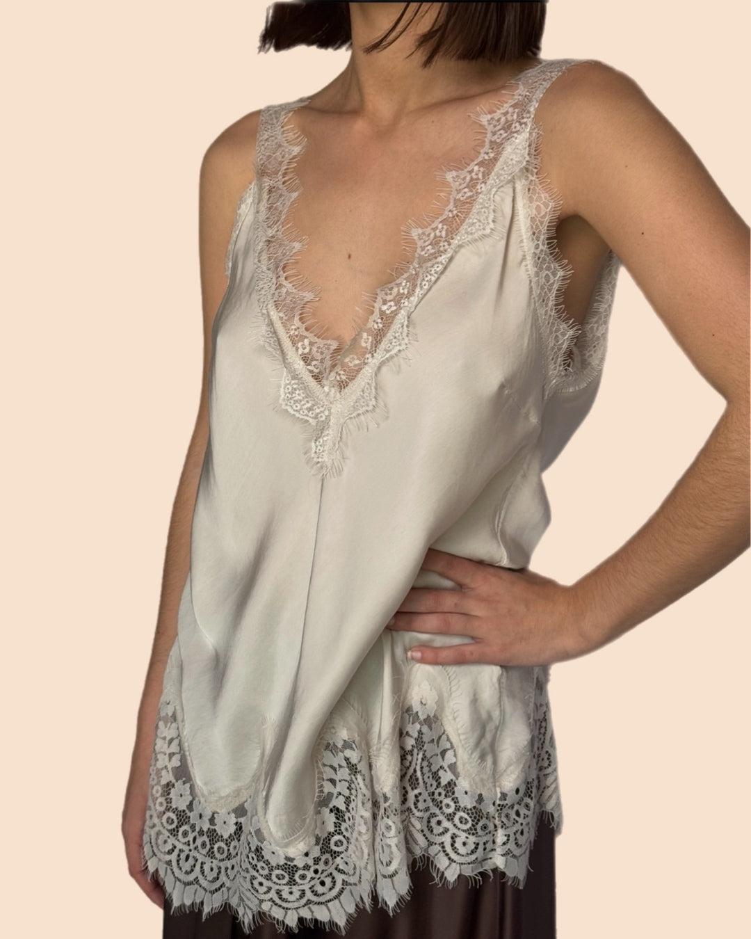 Lace-trimmed pearl camisole top
