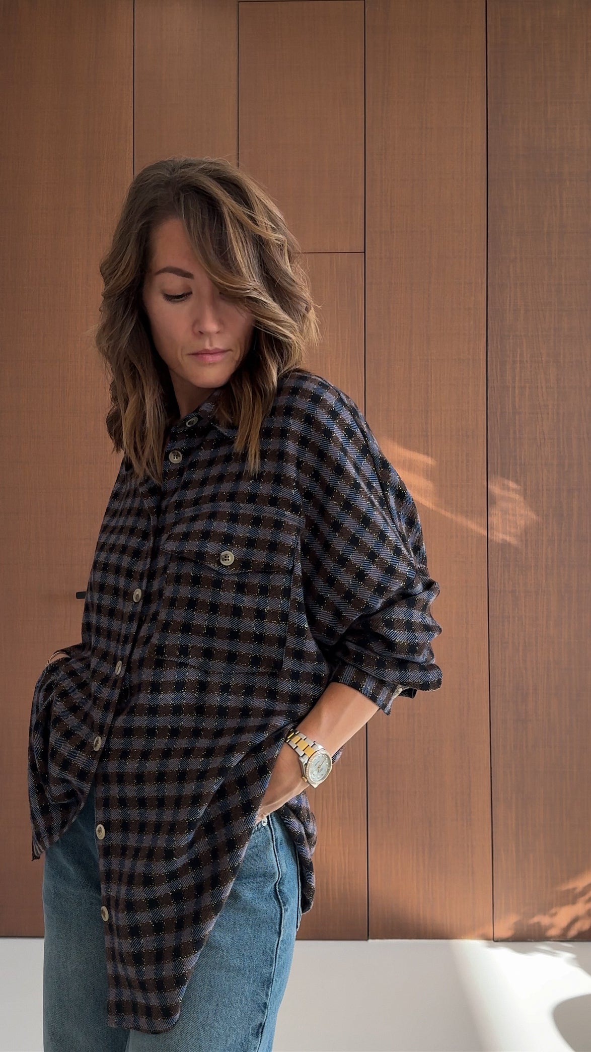 Long-sleeved checked shirt