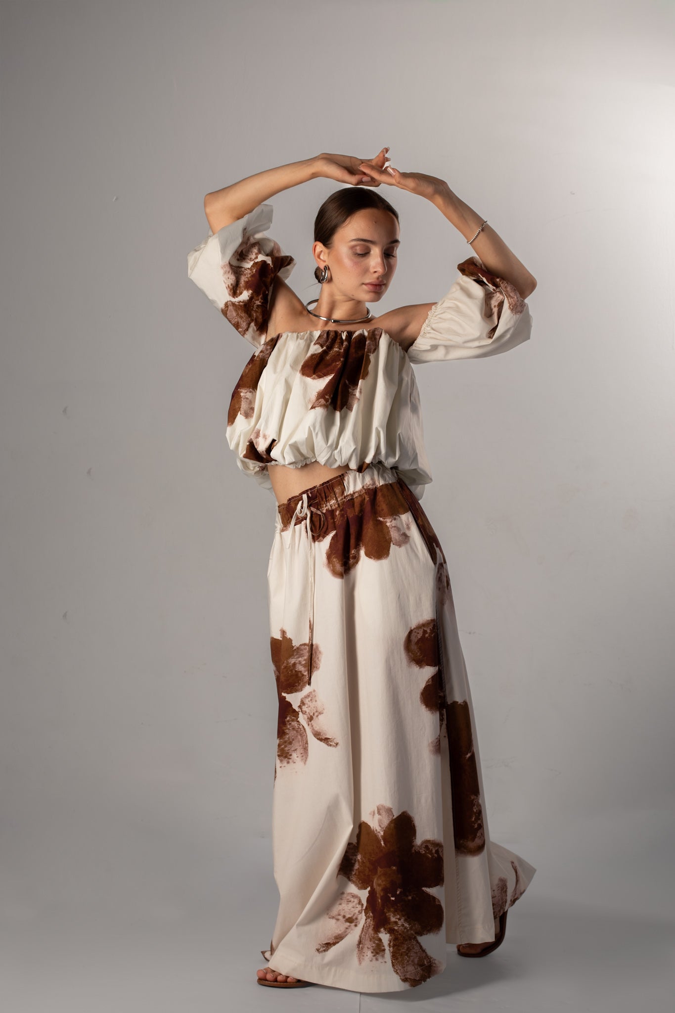 Off-the-shoulder top with maxi length cotton skirt
