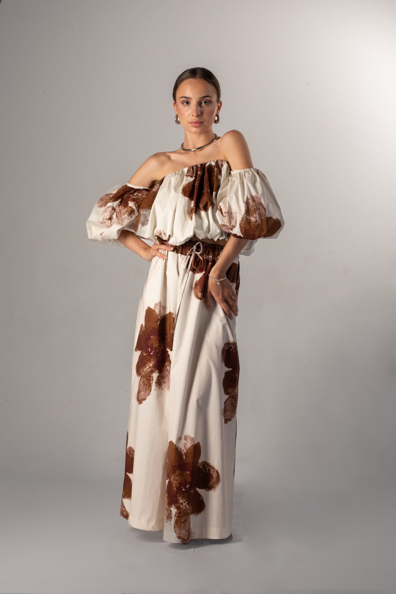 Off-the-shoulder top with maxi length cotton skirt