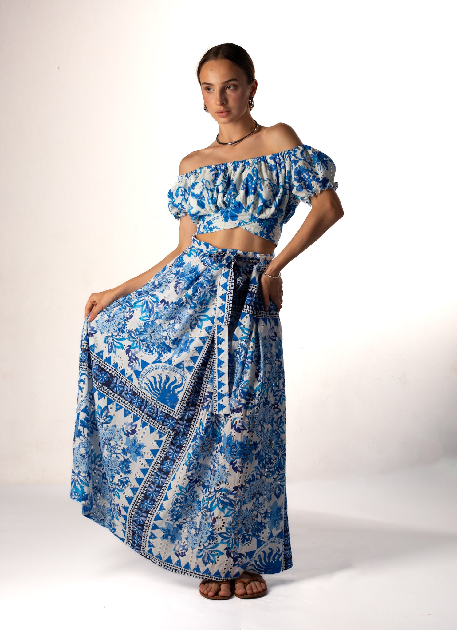 Crop top with a floor-length cotton skirt