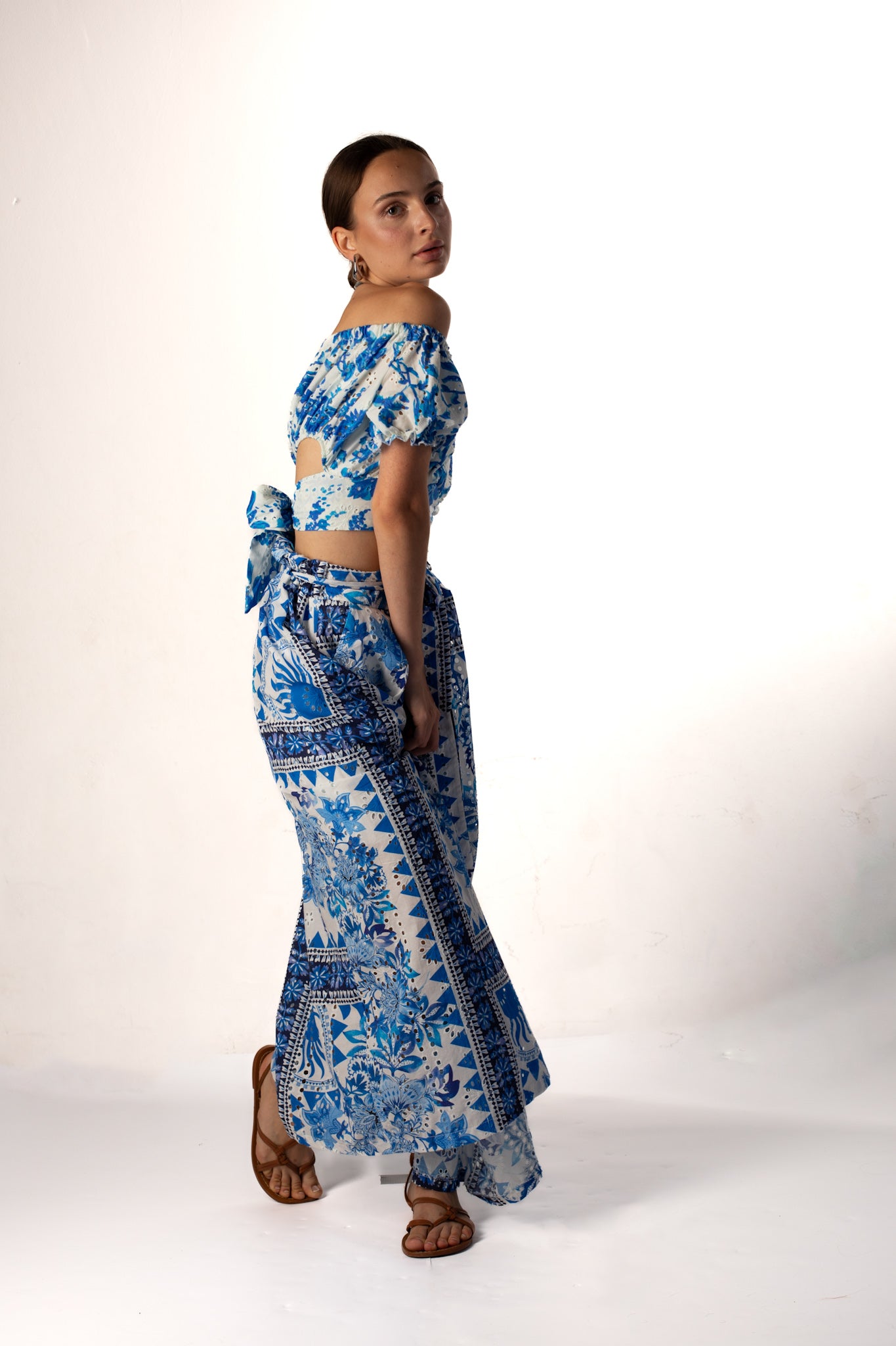 Crop top with a floor-length cotton skirt