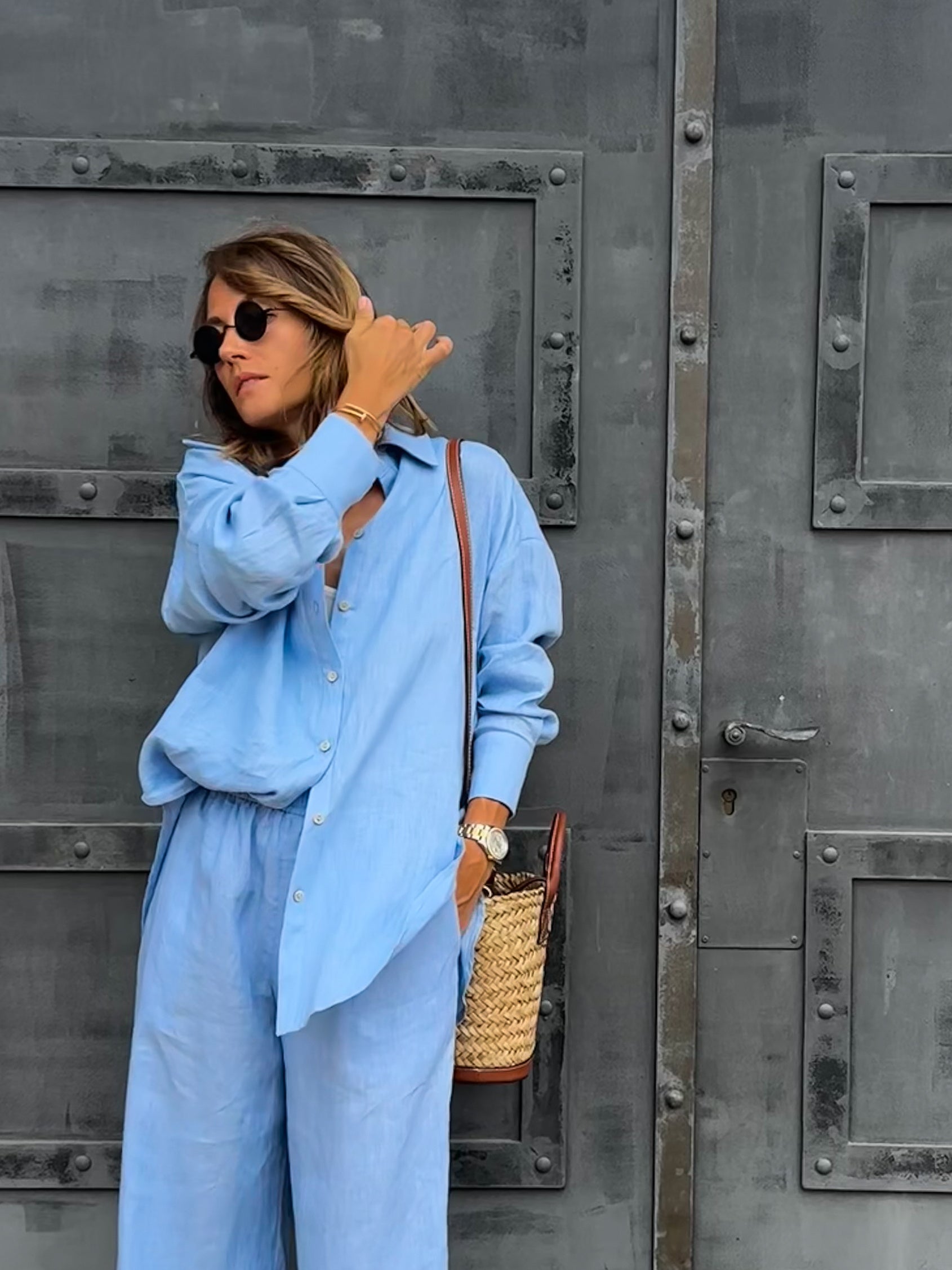 100% linen oversized blue shirt