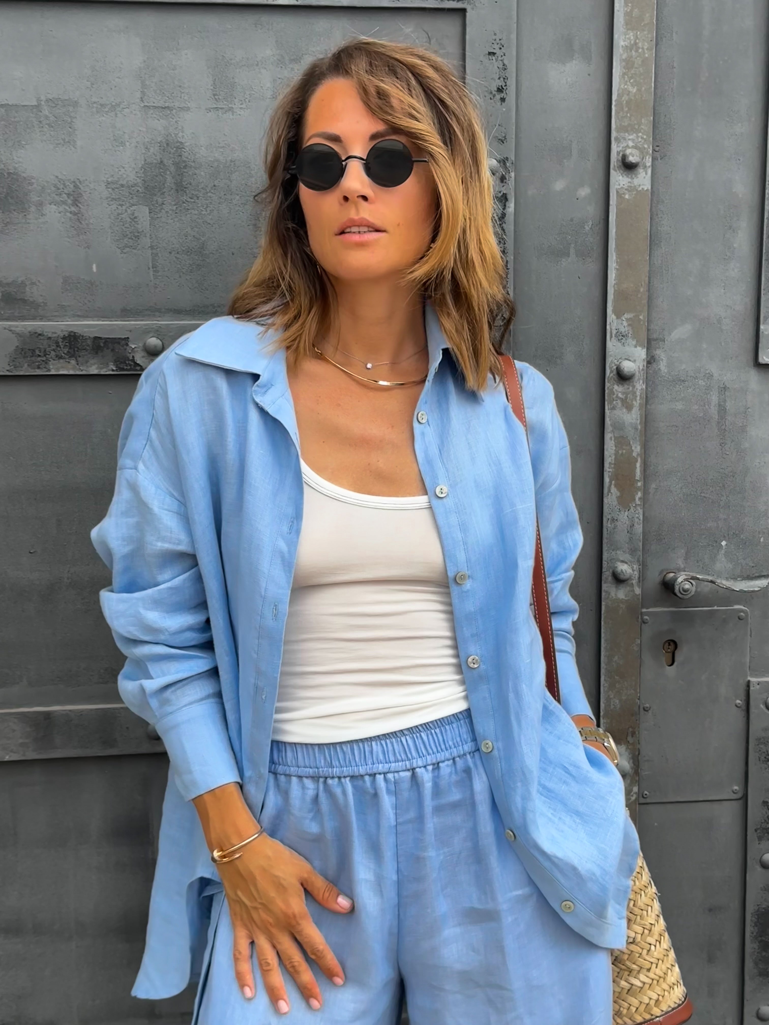 100% linen oversized blue shirt