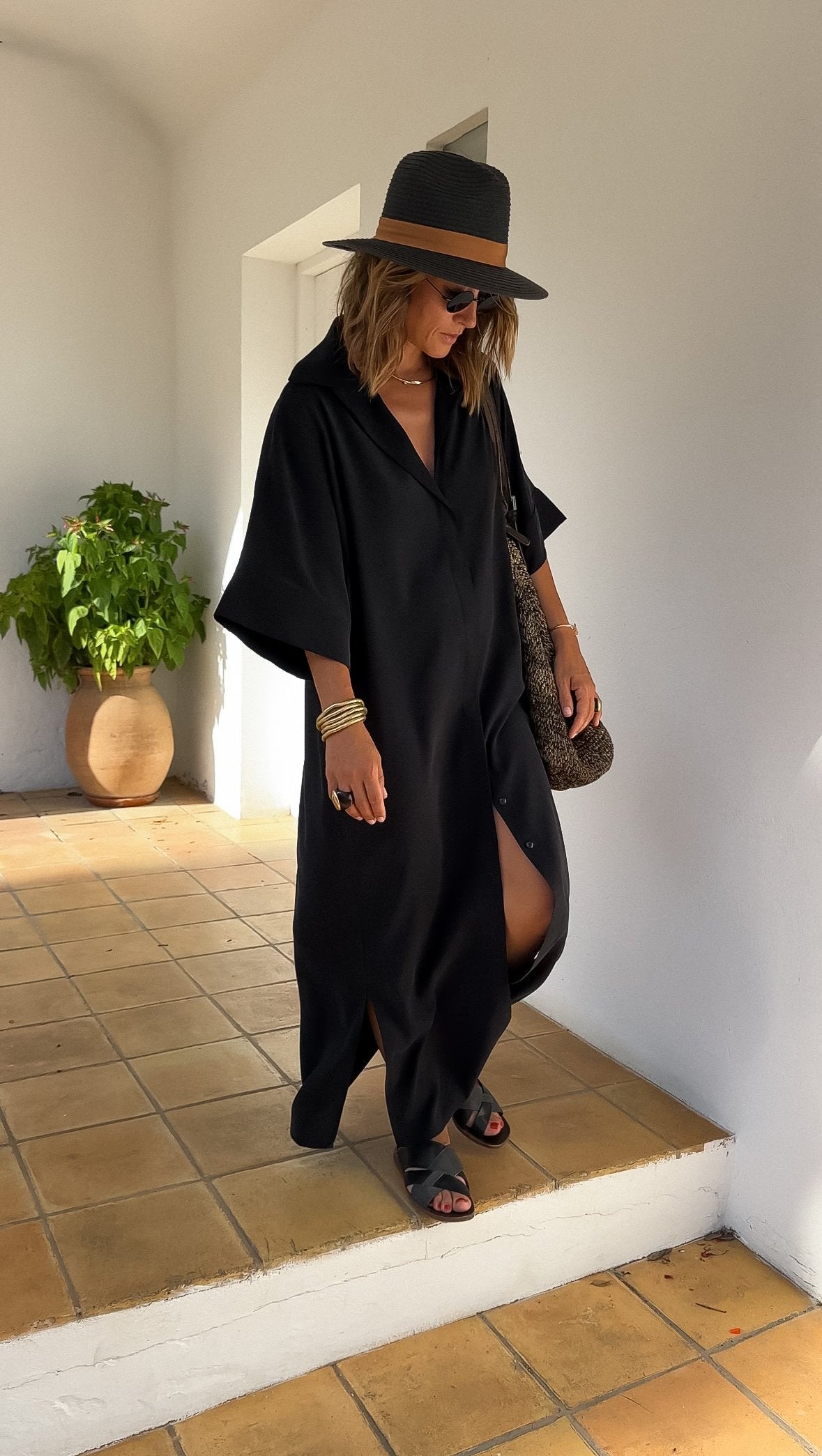 Black shirt dress with wide sleeves