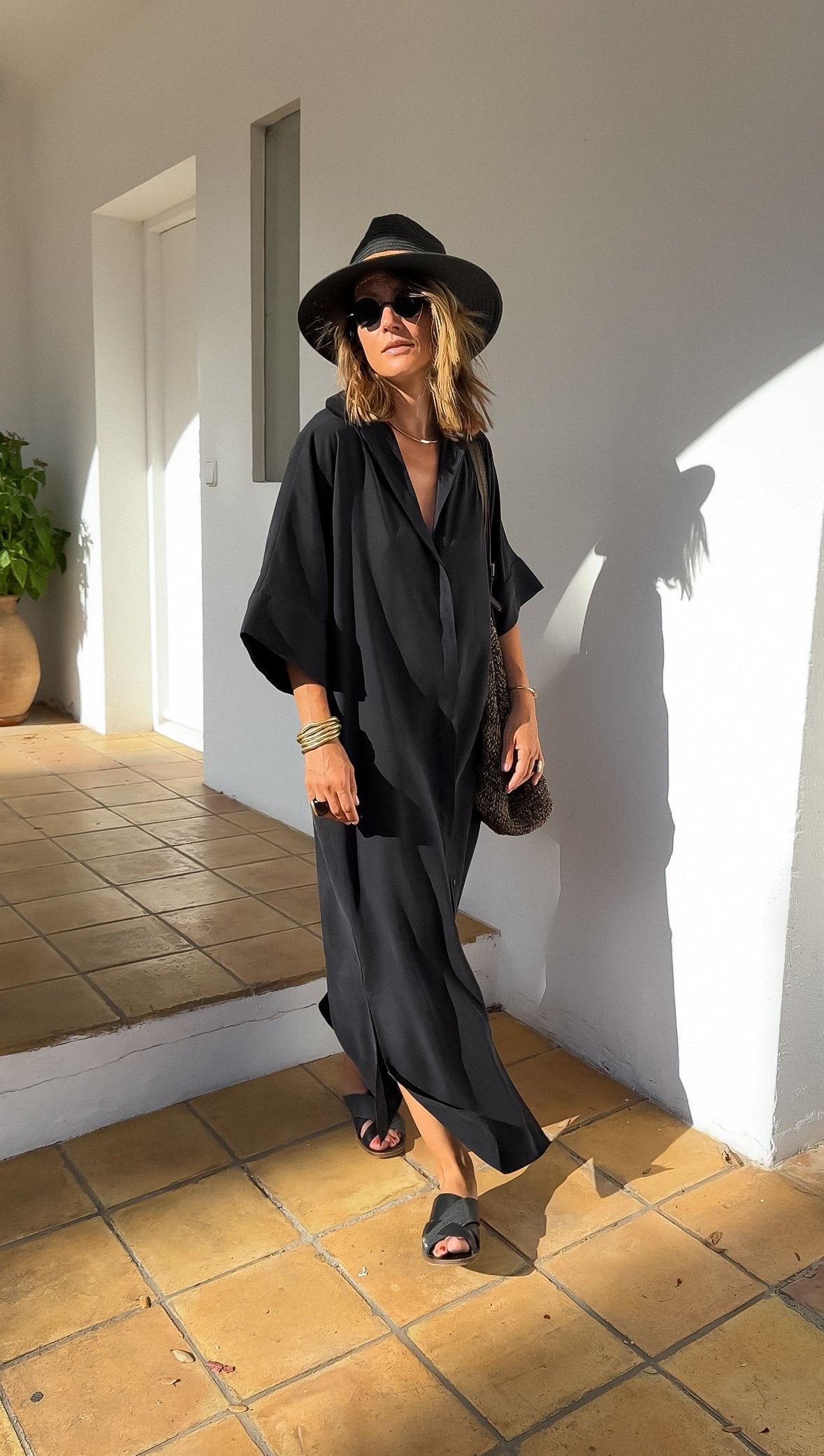 Black shirt dress with wide sleeves