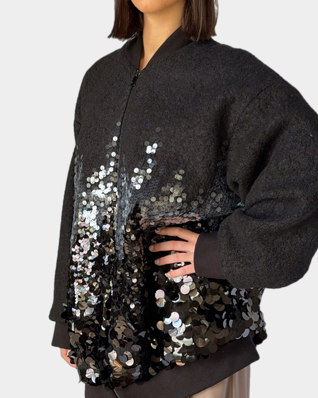 Oversized wool bomber with sequins