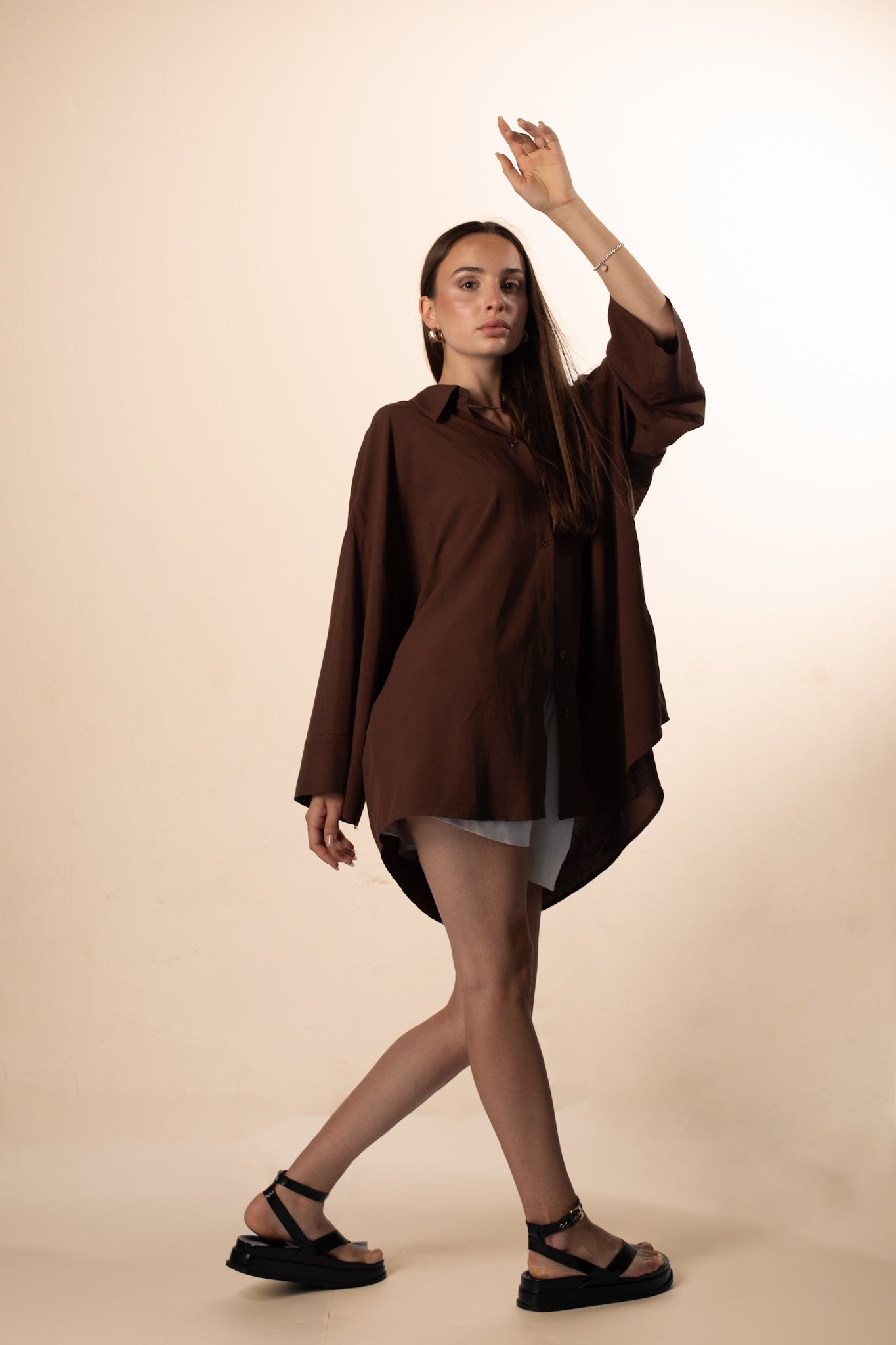 Chocolate-colored viscose linen shirt