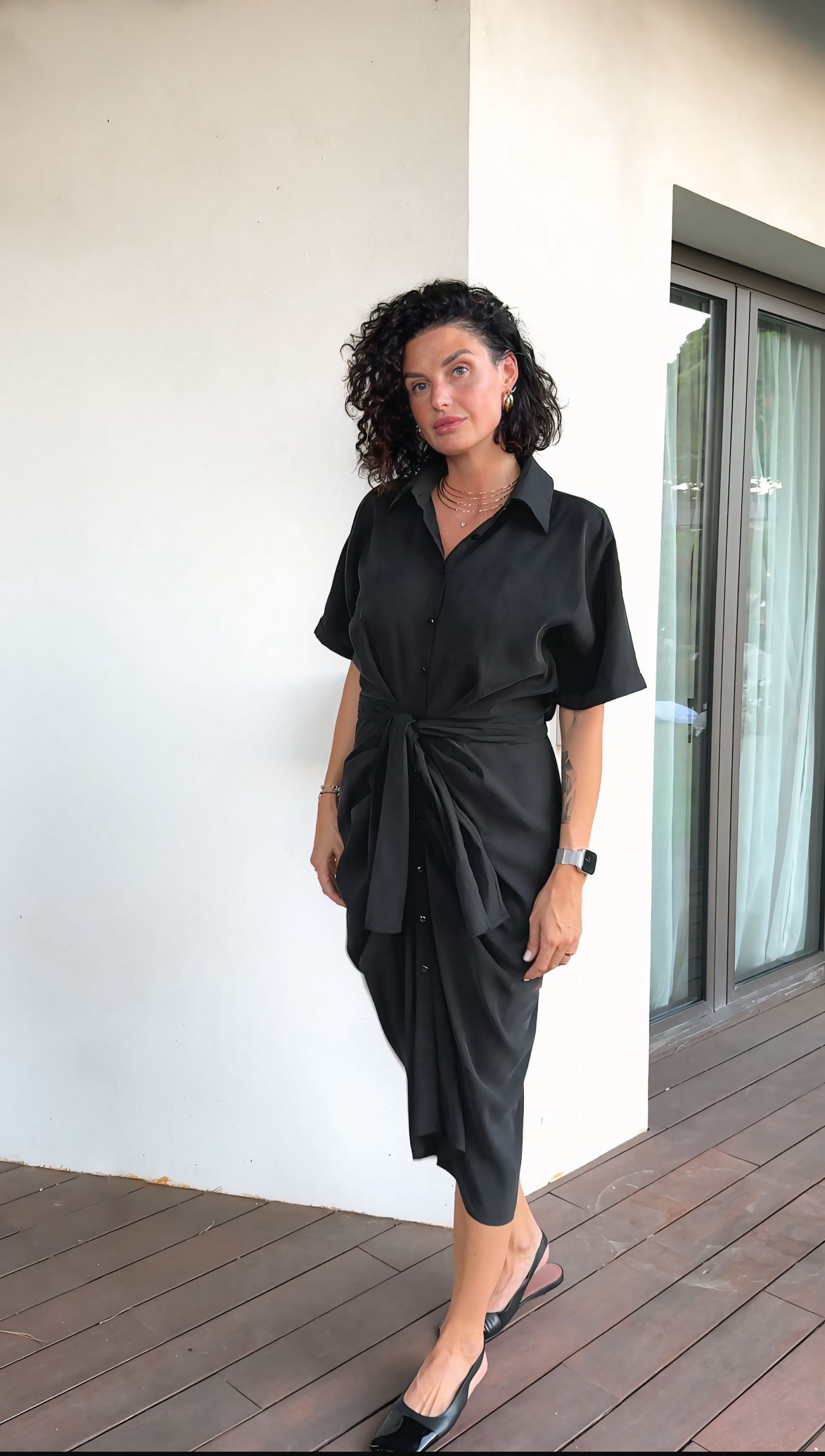 Draped black viscose dress